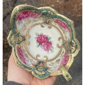 Antique Porcelain Hand Painted Gilt Mayonnaise Sauce Dish w Underplate Victorian